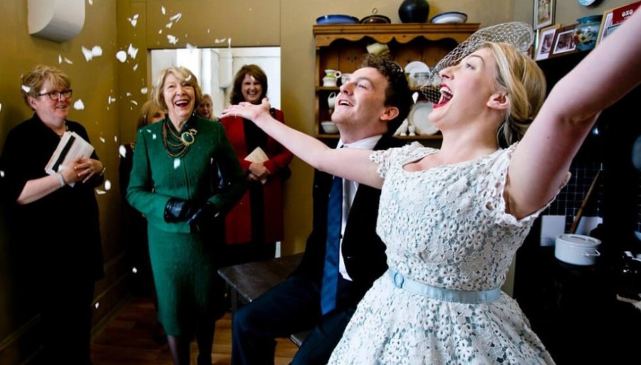  Guest of honour Sabina Coyle Higgins and Joan Burton enjoy celebrations in a recreated flat of Keogh Square as it may have looked during the 1950s. Credit: Dublin City Council Culture Company.
